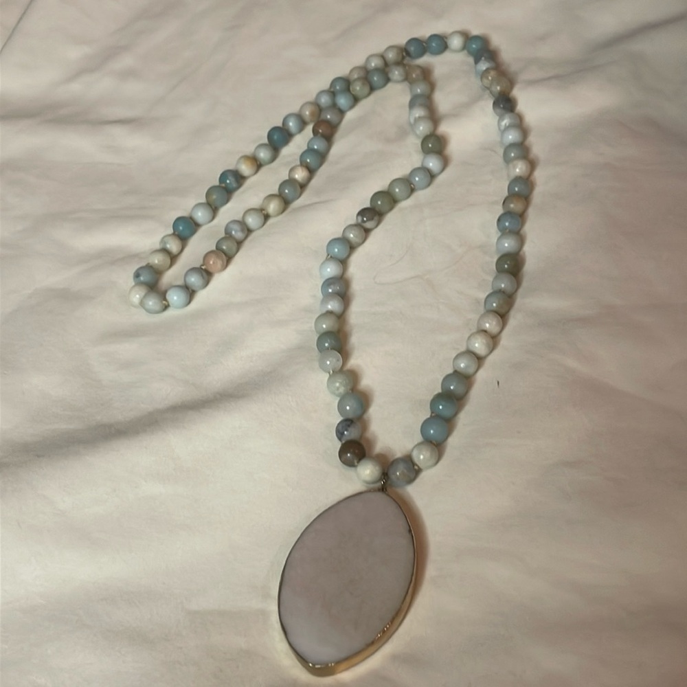 Amazonite knotted beads- 32 in long w/Calcite pendant which is 2 in - EUC